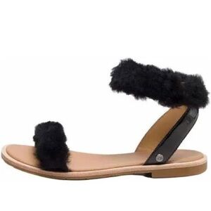 Women’s UGG Fluff Springs Black Furry Sandals with Tan Footbed Size 8